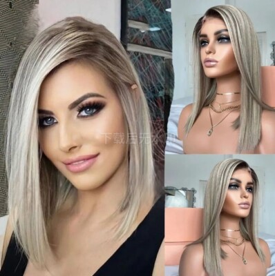Human Hair Highlight Brown Roots Ash Blonde wig for White Women Lace Front Wig