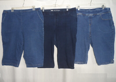 Plus Size 1X 2X 16 18 20 Blue Stretch Denim Capri Jeans Pull-on Elastic Waist