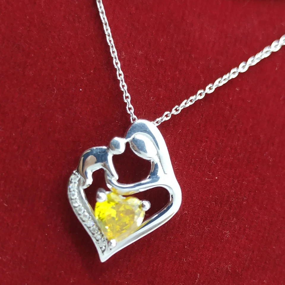Created Citrine Mother & Child Heart Pendant w Diamond Sterling Silver 18" - Image 3 of 4