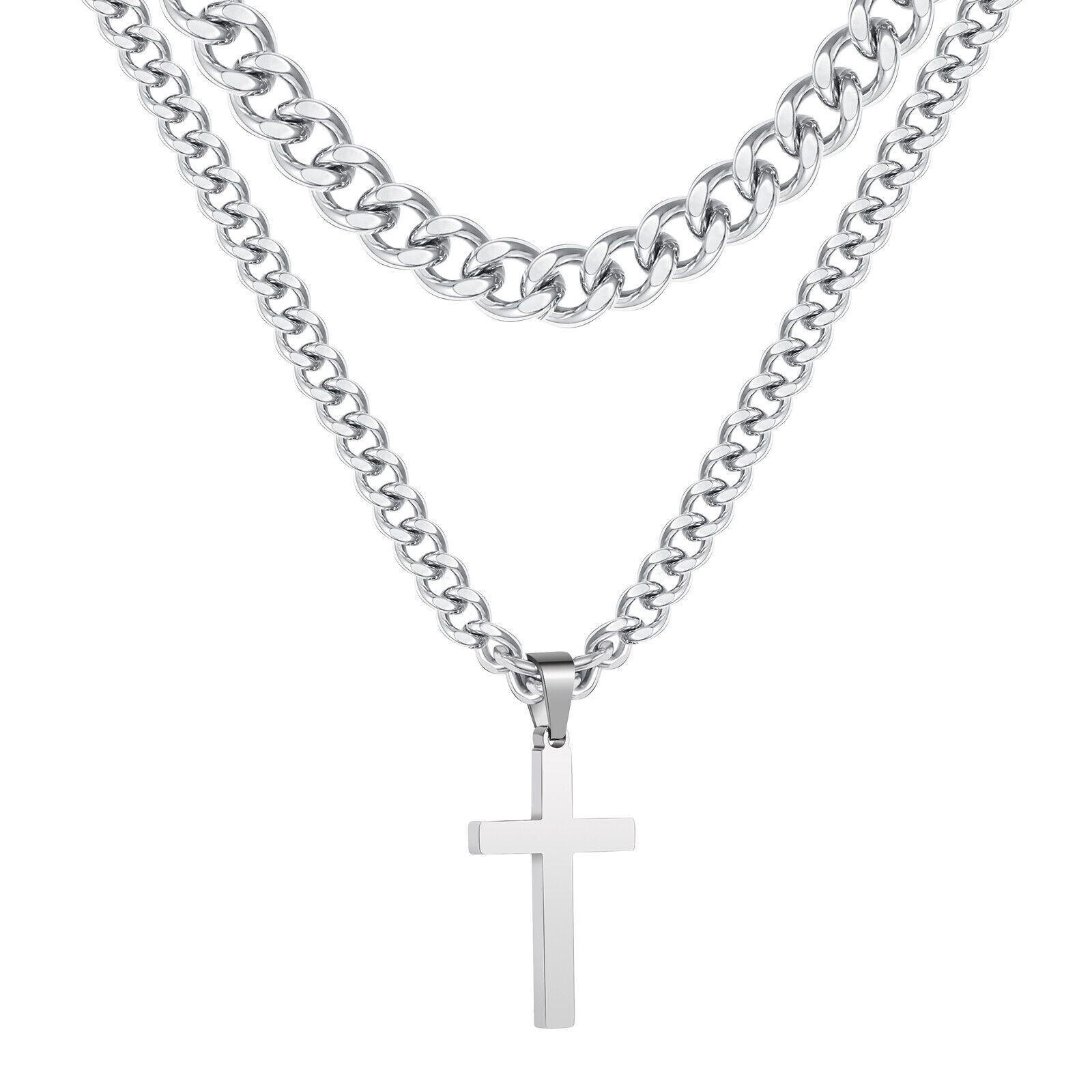 Layered Cross Necklace for Men Boys Stainless Steel Cuban Link Pendant Chain Set