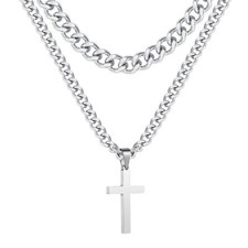 Layered Cross Necklace for Men Boys Stainless Steel Cuban Link Pendant Chain Set