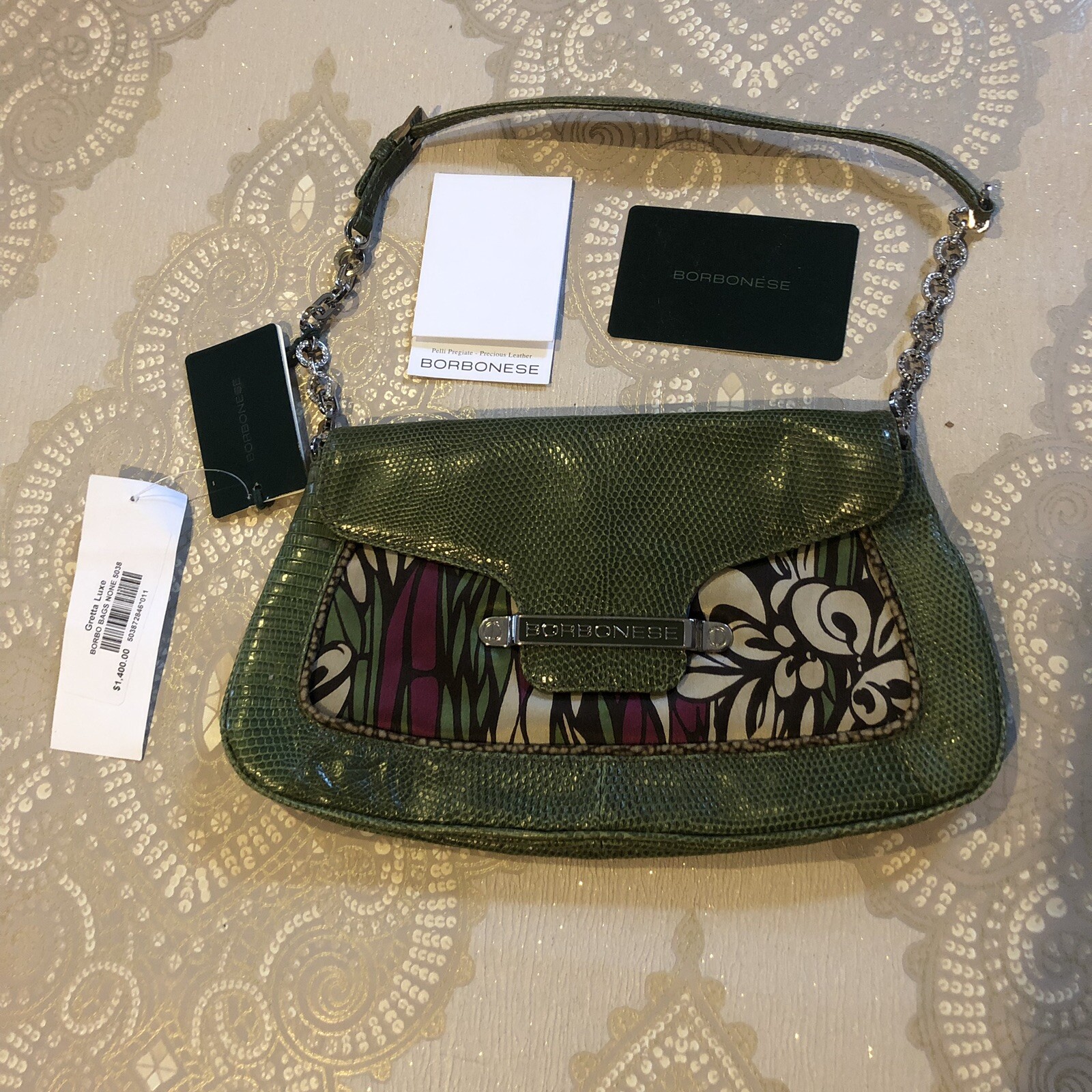 Borsa Borbonese Pelle Esotica Stampa Seta Catena Cinturino Argento Nuova Autentica $1400