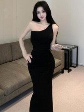 Women's New sexy Backless slant collar Slim fit slit Package buttocks long dress