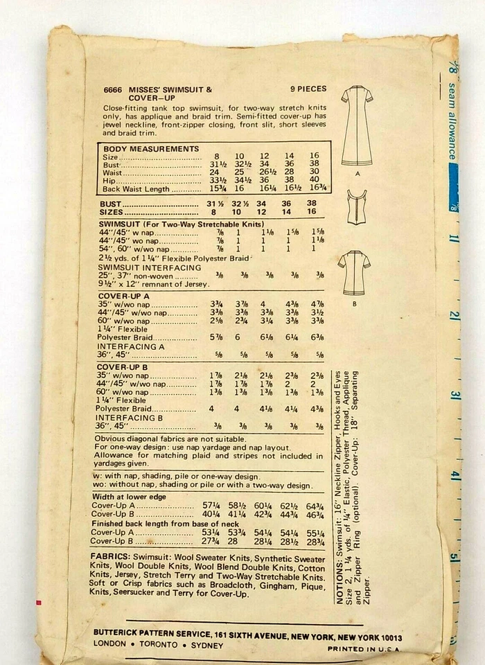 Butterick 6666 Misses Swimsuit And Cover Up Size 10 Vintage 1970s Complete - Image 2 of 3