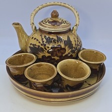 Stoneware Pottery Mini Tea Set With Tray - Brown Tones Handcrafted Childs EUC