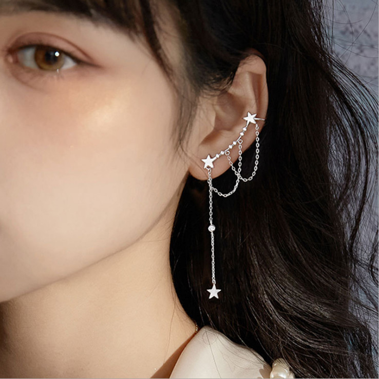925 Sterling Silver Dangle CZ Tassel Chain Star Ear Curve Cuff Stud Earrings I67