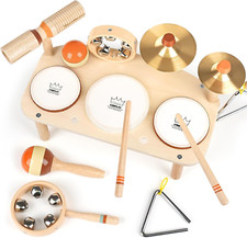 Kids Drum Set - 11 in 1 Wooden Musical Instruments for Toddlers 1-3, Montessori