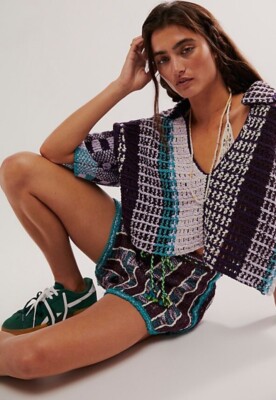 Free People Bali Sundown Set 2 Piece Top Shorts Crochet Knit Purple Combo XS NWT