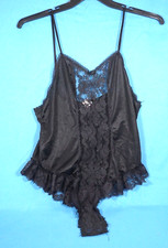 Vintage BLACK SILKY TEDDY One-Piece Lingerie LOTS OF LACE Nylon Tricot SZ L