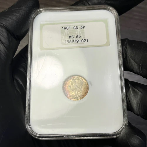 MS65 1901 3D UK Great Britain Silver 3 Pence NGC Old Fatty Holder, Rainbow Toned