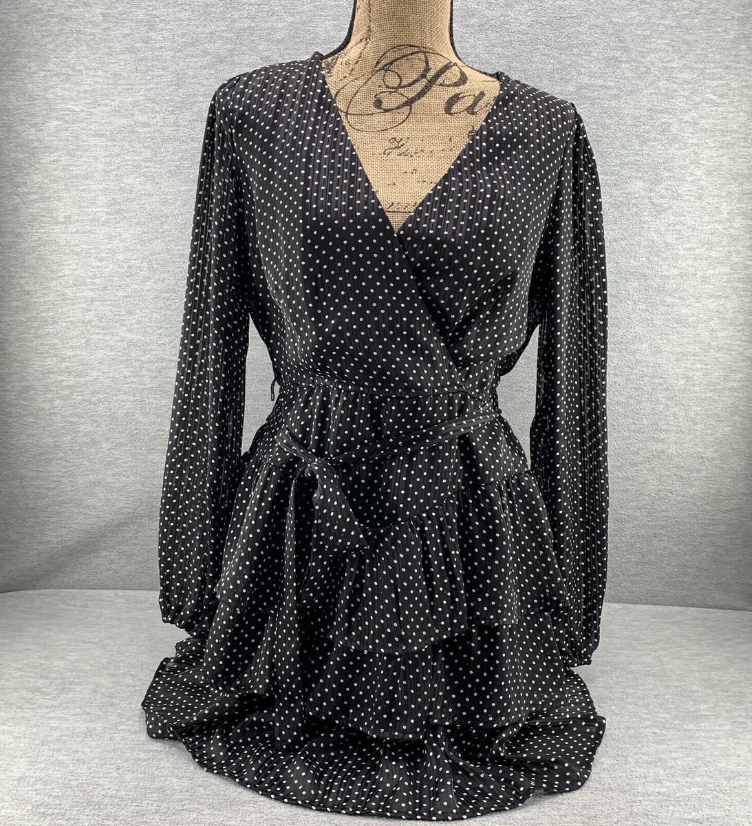 Francesca Mi Ami V Neck Short Polka Dot Dress Long Sleeve Size Large