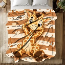 Giraffe On Stripes Coral Fleece Blanket Safari Decor