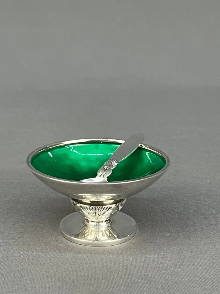 Georg Jensen CACTUS plata esterlina y esmalte verde 2 3/8” sal maestra y cuchara 629A Foto 3 de 4