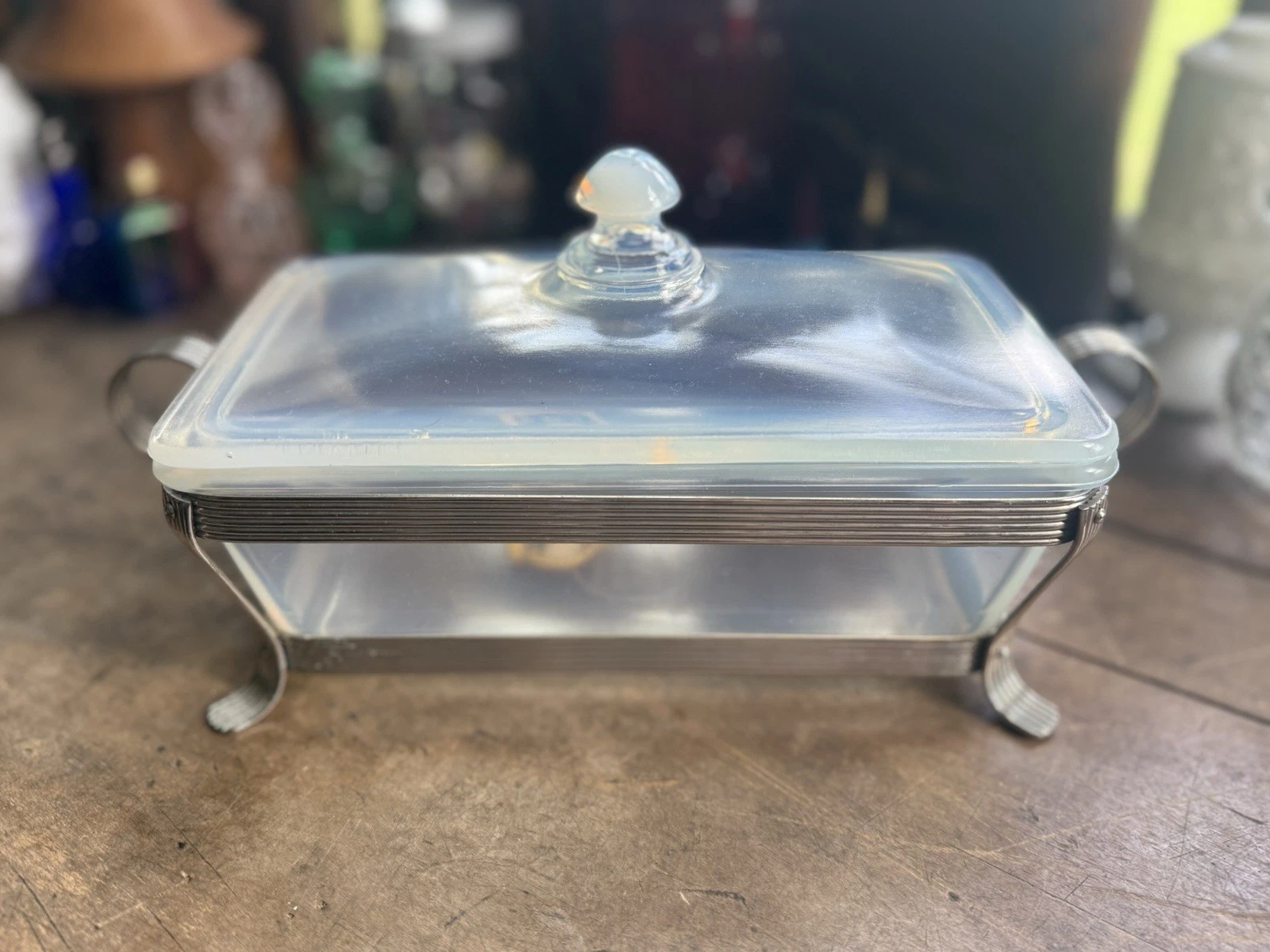 1928-9 FRY OVEN GLASS OPALESCENT LOAF PAN LID METAL CARRIER ORIGINAL STICKER