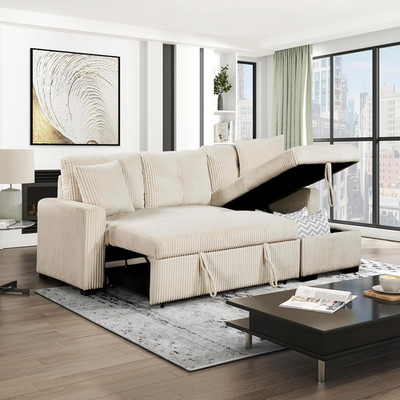 Beige L-Shaped Corduroy Sleeper Sofa with Storage & Pull-Out Bed