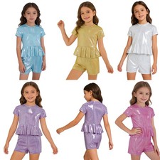 Kids Girls Costume Short Sleeve Set Hip-Hop Outfit Metallic Dance Rave Shiny