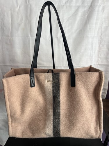 Kate Spade New York Beige Black Stripe Tote Shoulder Bag Drawstring Pouch