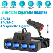 7-in-1 4Way Car Cigarette Lighter Socket Splitter Fast Charger Power Adapter 12V