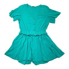 ZARA Women  s Green Short Romper Jumpsuit Dress Size L V-Neck Button Front