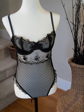 Sheer Lace Embroidered Mesh Teddy Bodysuit Black Gold Romantic Coquette M NWOT