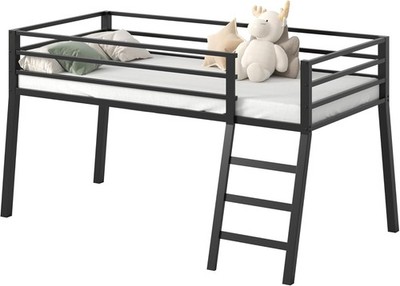 Low Loft Bed Twin Size, Junior Metal Twin Loft Bed with Stairs and Safety Guard,