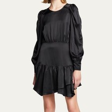 LoveShackFancy (6) Teyana Silk Satin Mini Dress Black Puff Sleeve Ruffle Party