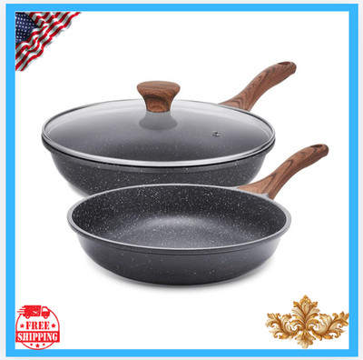 New Nonstick Frying Pan Set 8 11 Inch Swiss Granite Coating Omelette Skillet Lid