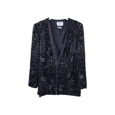 Joan Leslie Talbots Petites Evening Jacket PL Black Silk Beaded Sequined  VTG 80
