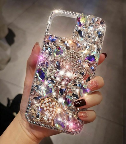 Girl/Women Bling Glitter Flower Diamonds Rhinestone Clear Rubber Back Phone Case - Picture 10 of 14