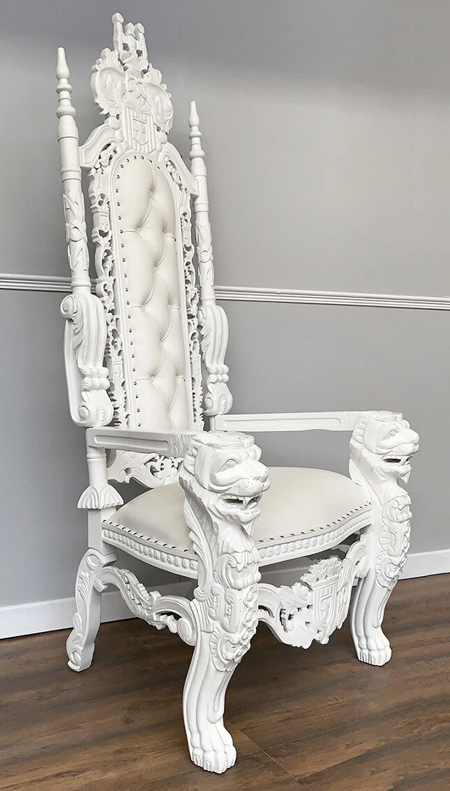 Lion King Throne Chair French White Frame with White Faux Leather