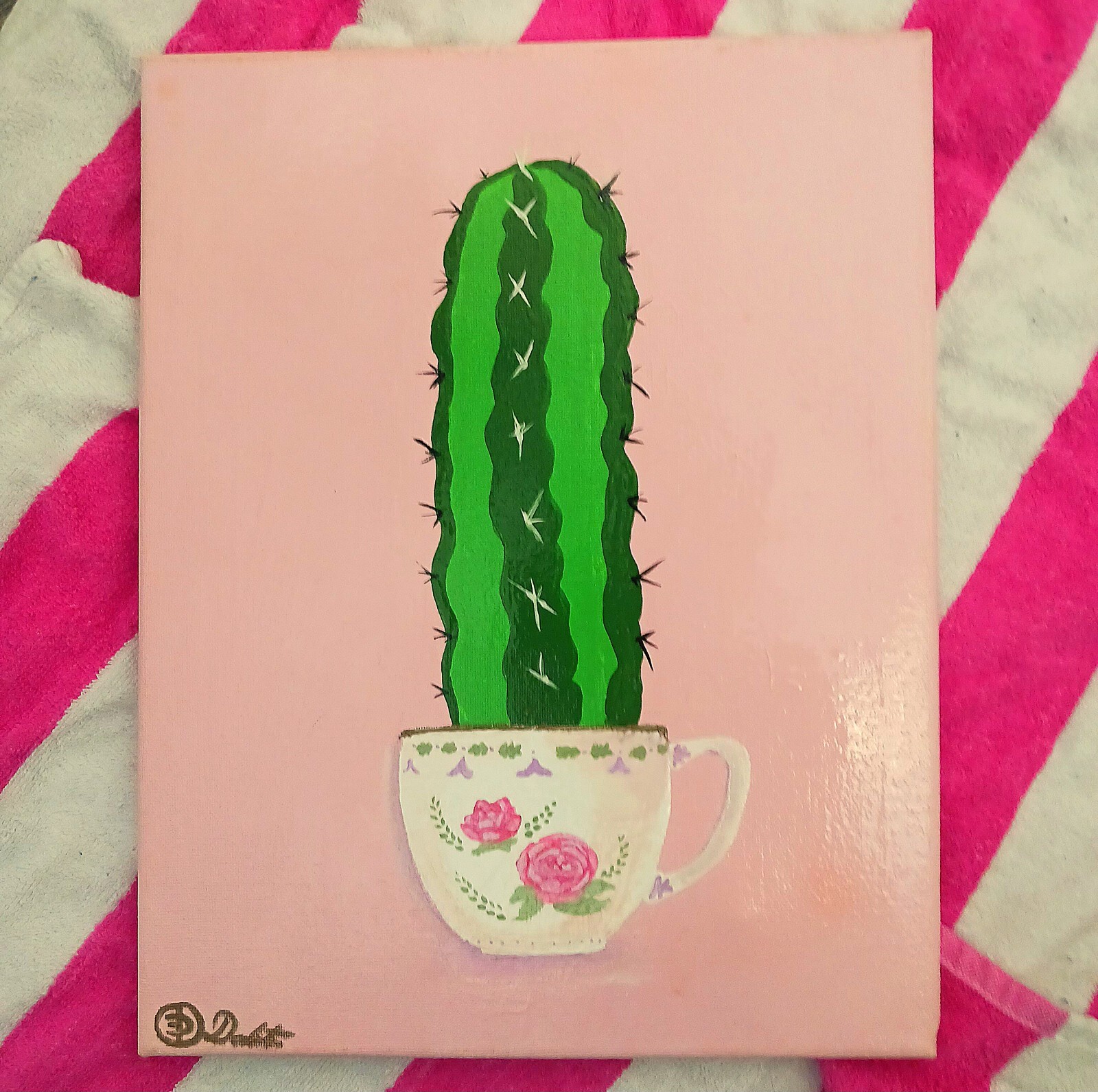 original whimsical cactus in a teacup acrylic paintings on canvas