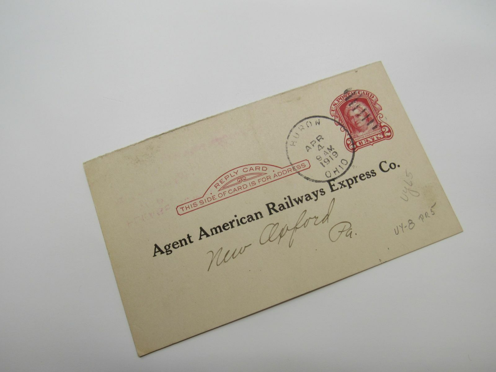 USPS Scott UY8r Antique 1c Red On Buff Martha Washington Used Postal Reply Card