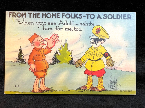 VINTAGE WWII PROPAGANDA COMIC POSTCARD - SOLDIER THUMBING NOSE AT ADOLF