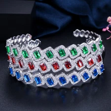 Adjustable Silver Plated Micro Pave Blue CZ Round Open Cuff Brangle for Women