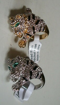 Women's Rhinestones Animal Tiger Silver/Gold Finish Green Eyes Fashion Ring