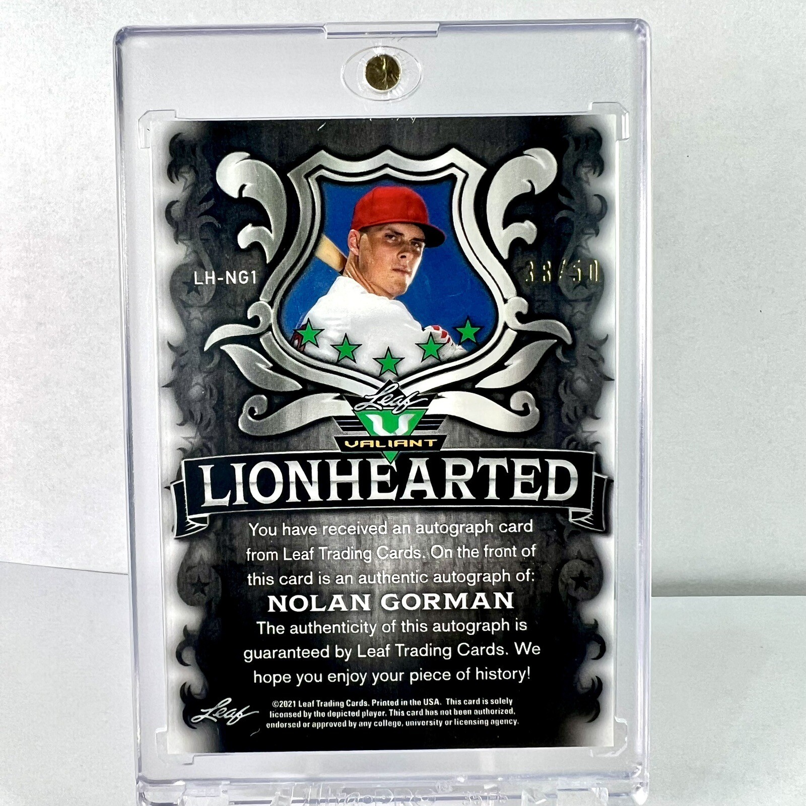 NOLAN GORMAN ROOKIE AUTO /50 LIONHEARTED PURPLE 2021 LEAF VALIANT RC