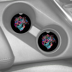 Single Sugar Skulls & Flowers Sandstone Car Coaster Personalized 