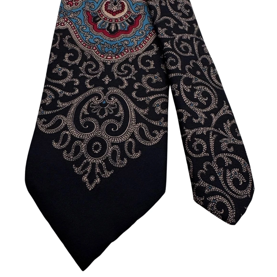 Corbata de Colección Henry Grethel Cuello Puntada Deslizante Medallón Cachemira Seda 56x3.25" Retro Foto 3 de 4