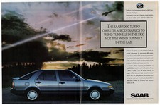 1988 SAAB 9000 Turbo Vintage Original centerfold Print AD | Blue car plane photo