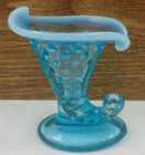 Vintage Fenton Glass Blue Opalescent Hobnail Cornucopia Vase Horn Boot