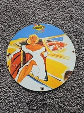 VINTAGE  SUNOCO PINUP GIRL MOTOR OIL PORCELAIN GAS STATION PUMP SIGN 12"