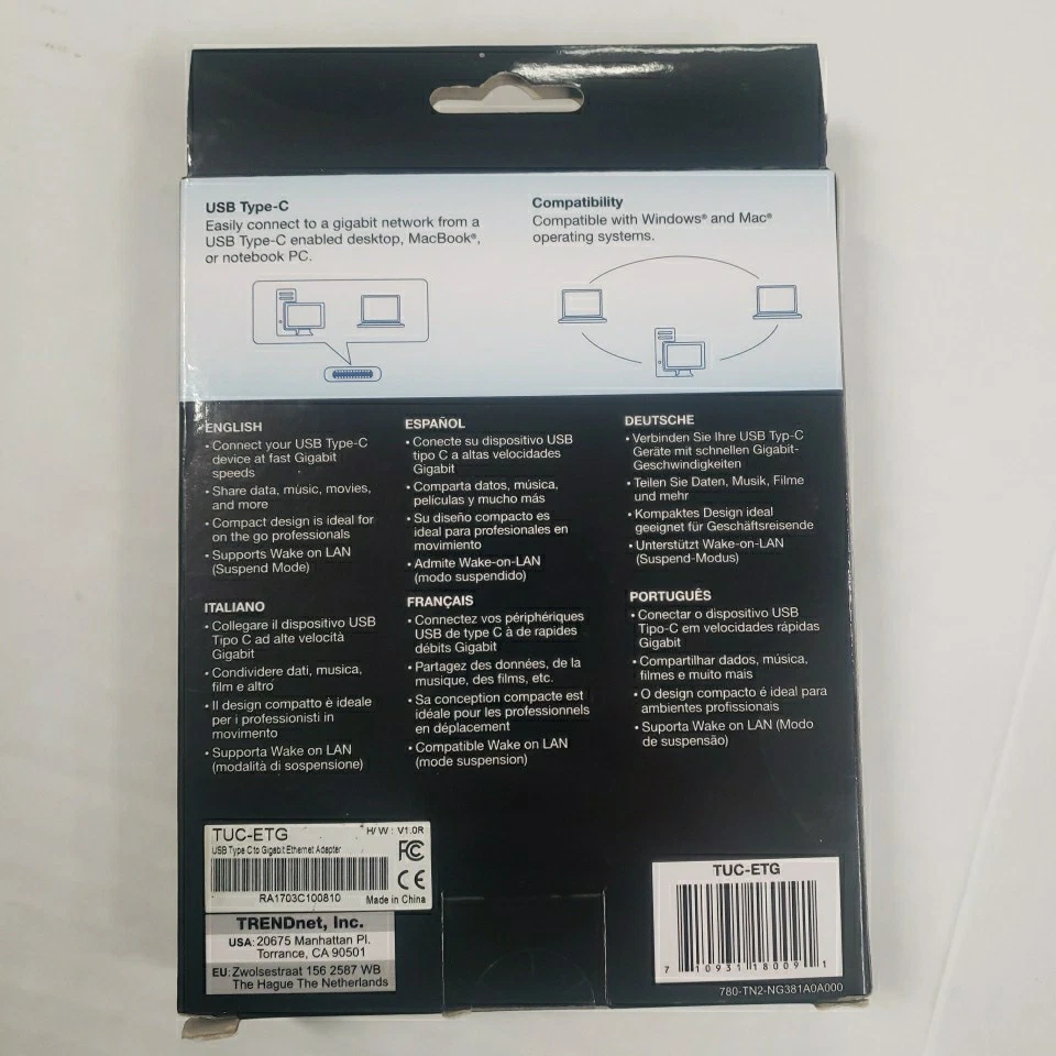 NEW- TRENDnet TUC-ETG USB-C Type-C to Gigabit Ethernet Adapter - Damaged Box - Image 2 of 4
