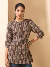 Indian Women Brown Cotton Paisley Printed Kurta Kurti Top Tunic New Dress