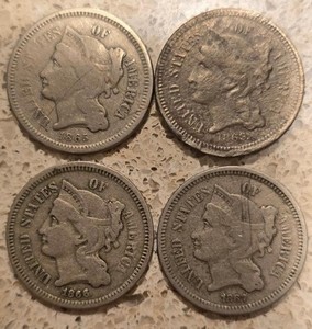 Three Cent Nickels 1865. 1866, 1867, 1869 -- Lot of 4 Coins -- better condition
