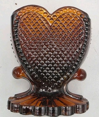 Vtg Boyd Amber Heart Shaped Signed Toothpick Holder Beaded Diamond Pattern 