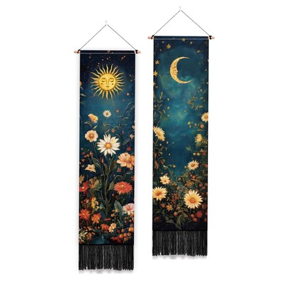 2 Pack Sun Moon Vertical Tapestry Flowers Night Scene Aesthetic Wall Hanging ...