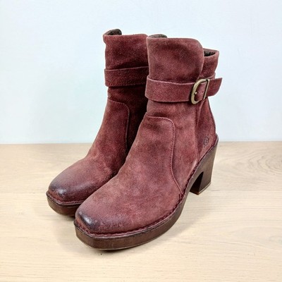 Born Ankle Boots Women's 7.5 Burgundy Suede Platform Heel Square Toe Side Zip