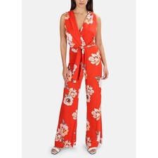 Mono MISA Los Angeles Rojo Floral Pierna Ancha S Imitación Envoltura Palazzo Resort Nuevo con Etiquetas