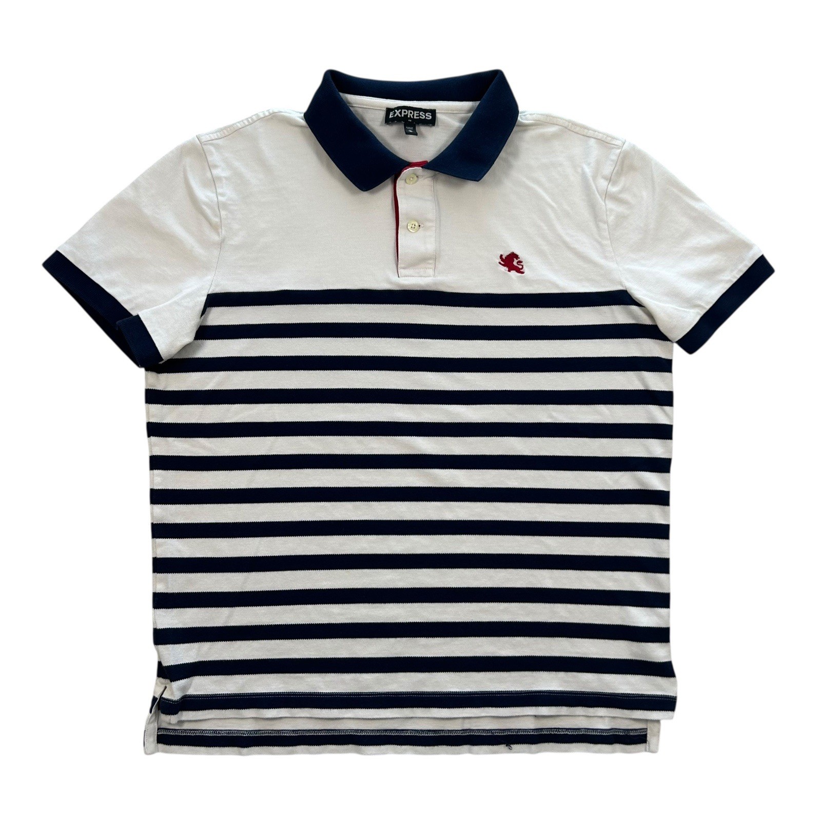 PONY Polo a righe marca y2k Express taglia media bianca blu navy preppy skater