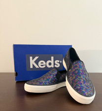 Women's Keds Triple Decker Sequin Slip-on Shoes Size 8 M w/ Box Black w/Glimmer